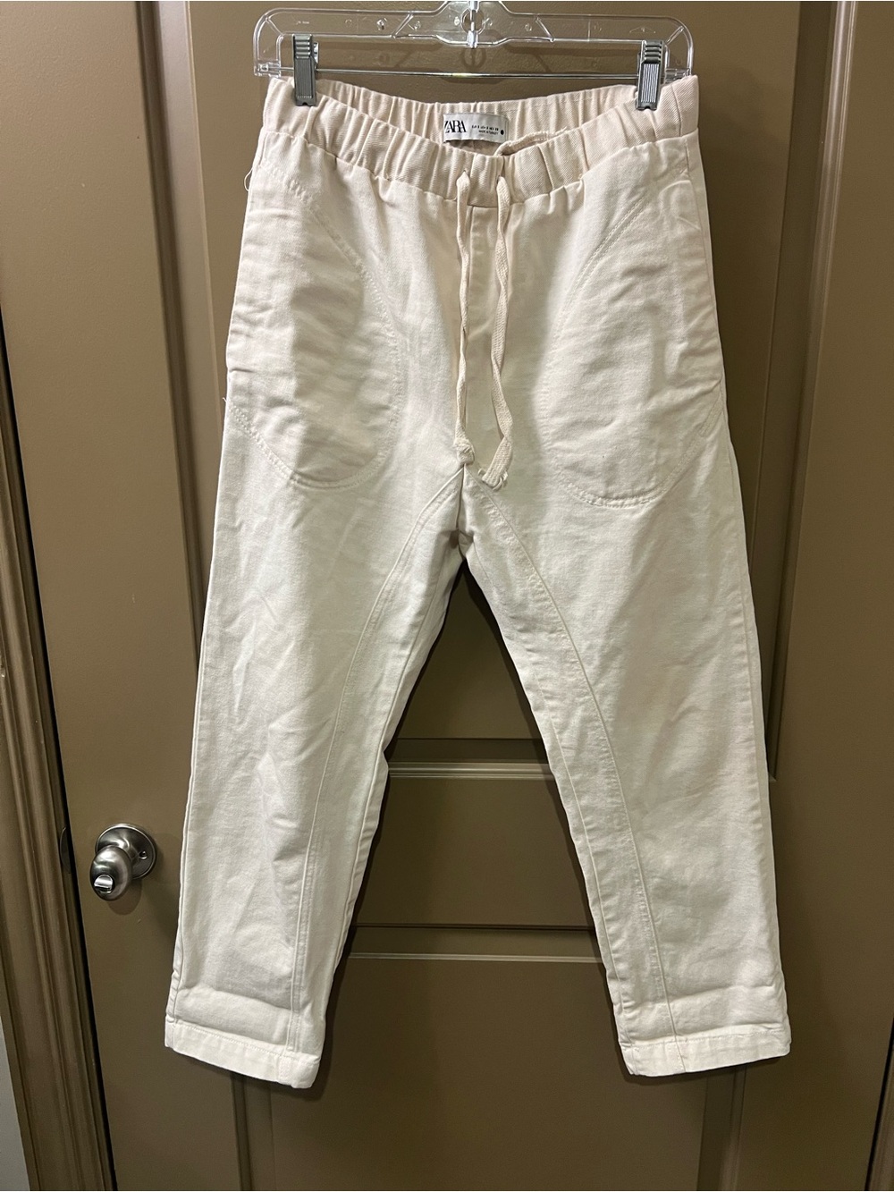 Zara Off-White Drawstring Cotton Carrot Fit Trousers